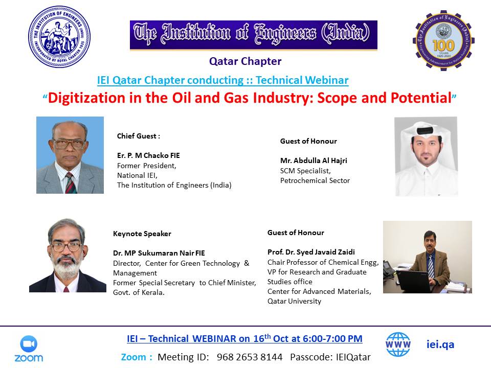  IEI Qatar Chapter conducting :: Technical Webinar "Digitization in the Oil and Gas Industry: Scope and Potential"